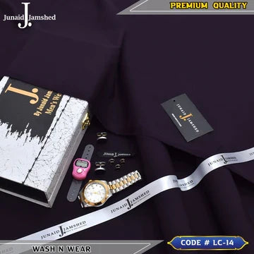 J. Business Class 4 Season Wash N Wear With Luxury Box & Bag + Button + Tasbeeh + Rolex Watch + Cufflinks ( Deep Purple )