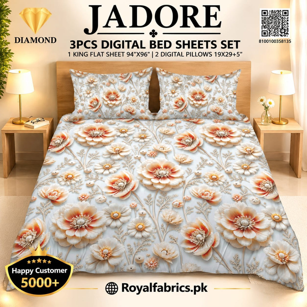 JEDORE 3PCS DIGITAL 5D BED SHEET SET (Diamond)