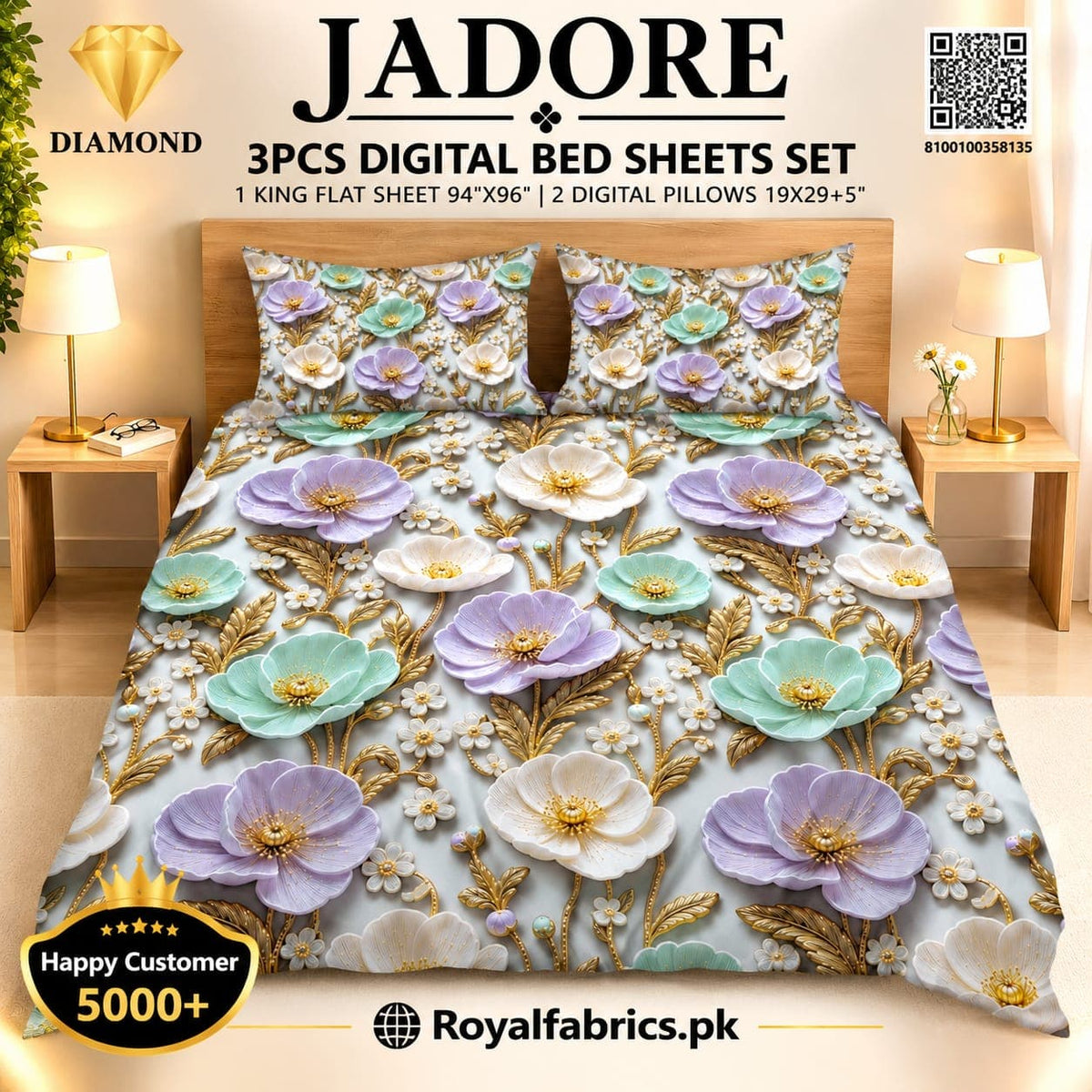 JADORE 3PCS DIGITAL 5D BED SHEET SET (Diamond)