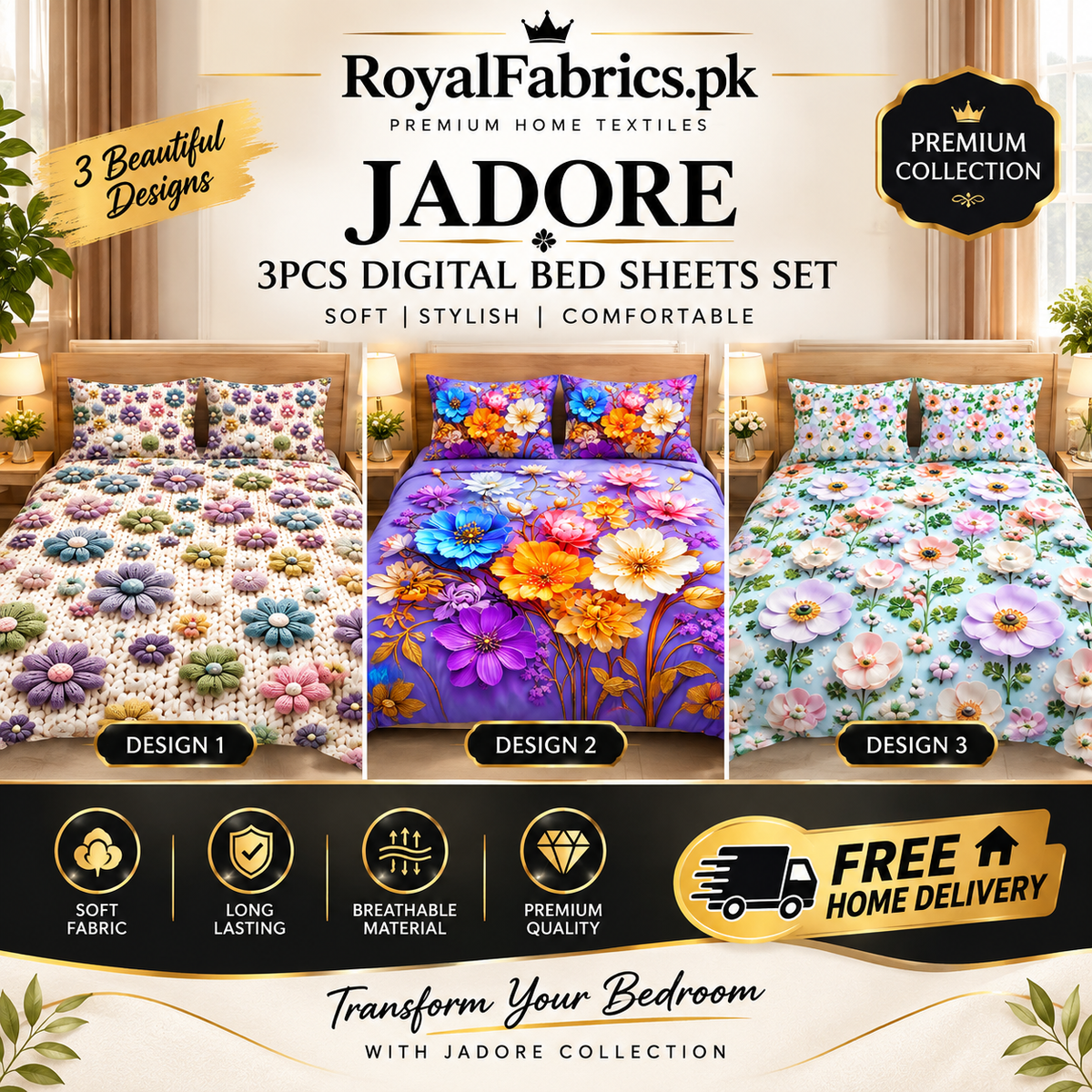 JADORE 3PCS DIGITAL 5D BED SHEET SET