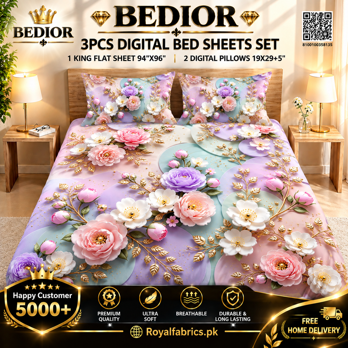 BEDIOR 3PCS DIGITAL 5D BED SHEET SET (Diamond)