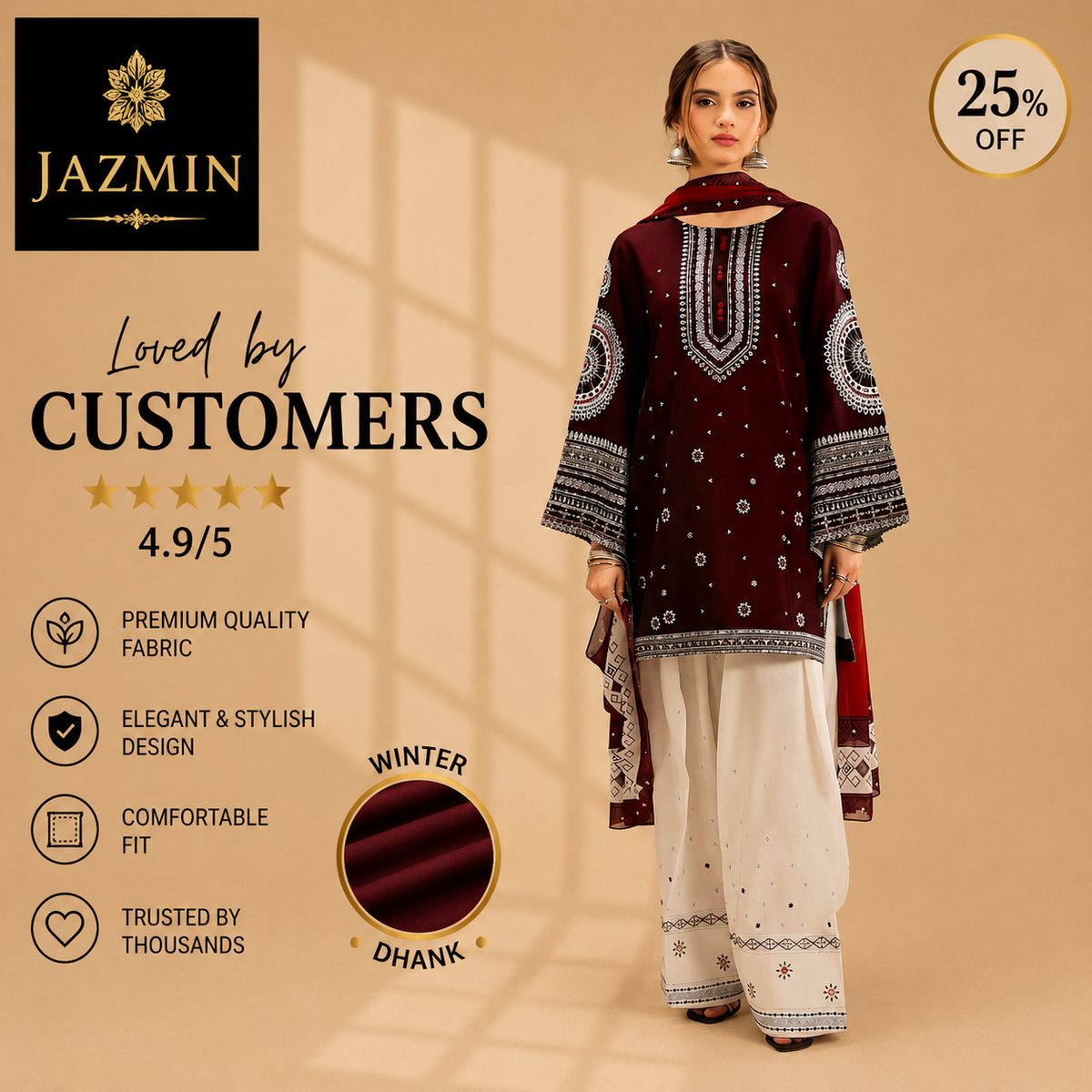 JAZMIN DHANAK 3PC EMBROIDERED