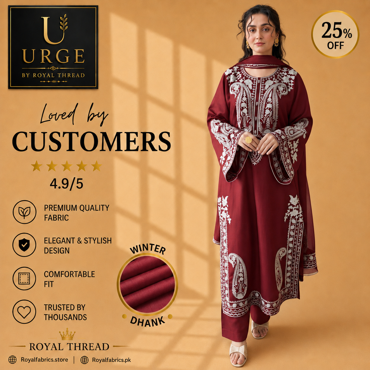 URGE DHANAK 3PC EMBROIDERED
