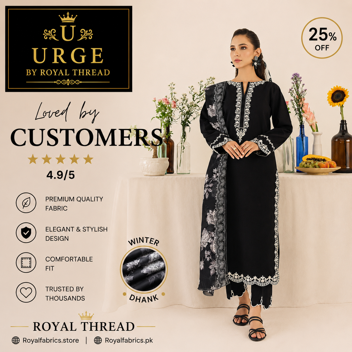 URGE DHANAK 3PC EMBROIDERED