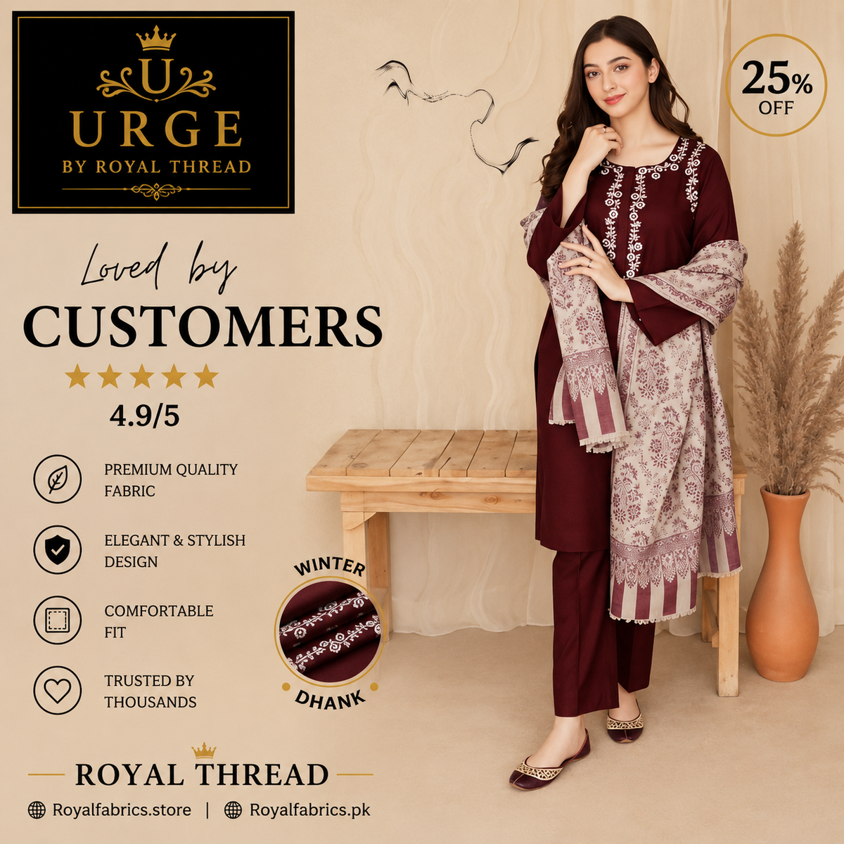 URGE DHANAK 3PC EMBROIDERED