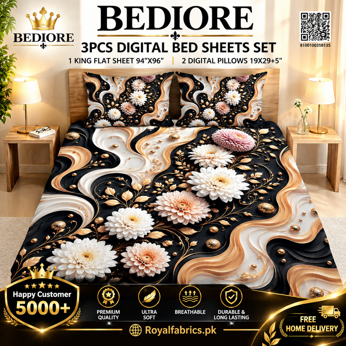 BEDIORE 3PCS DIGITAL 5D BED SHEET SET (Diamond)