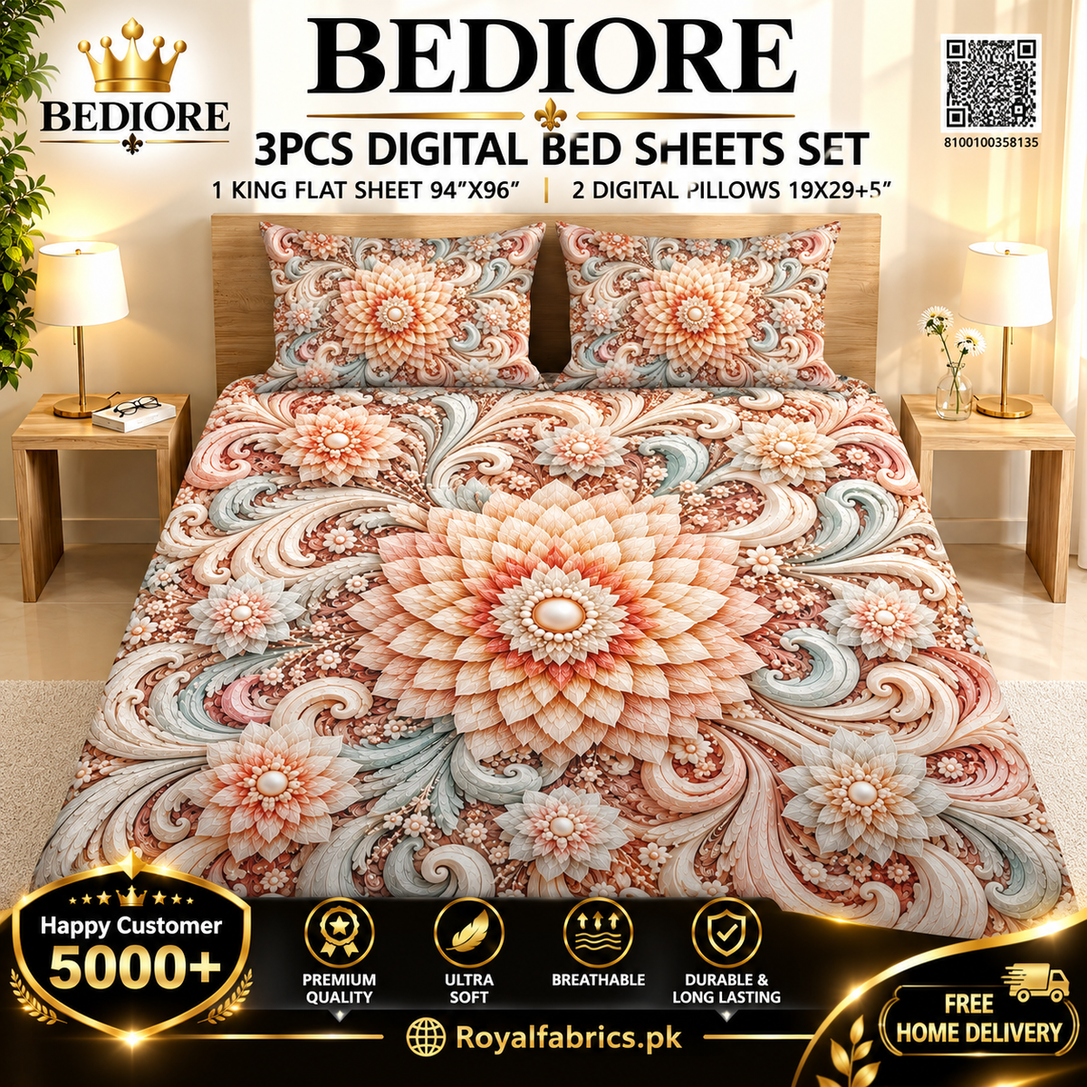 BEDIOR 3PCS DIGITAL 5D BED SHEET SET (Diamond)