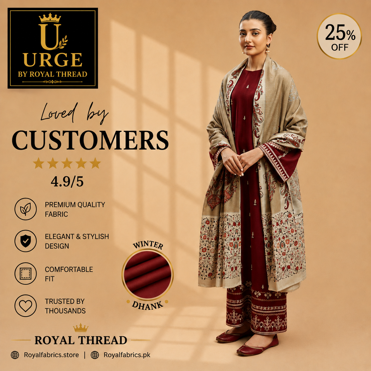 URGE DHANAK 3PC EMBROIDERED