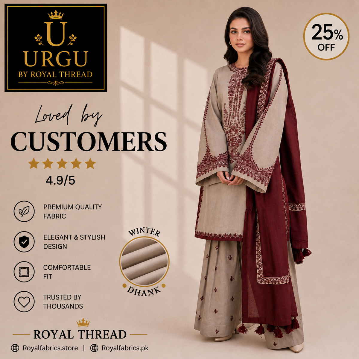 URGE DHANAK 3PC EMBROIDERED