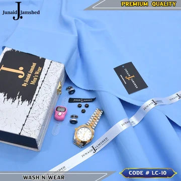 J. Business Class 4 Season Wash N Wear With Luxury Box & Bag + Button + Tasbeeh + Rolex Watch + Cufflinks ( Sky Blue )