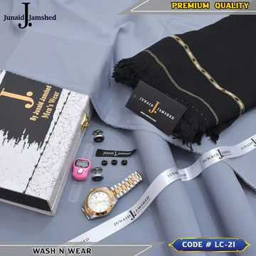 J. Business Class 4 Season Wash N Wear With Luxury Box & Bag + Button + Tasbeeh + Rolex Watch + Cufflinks + Shawl