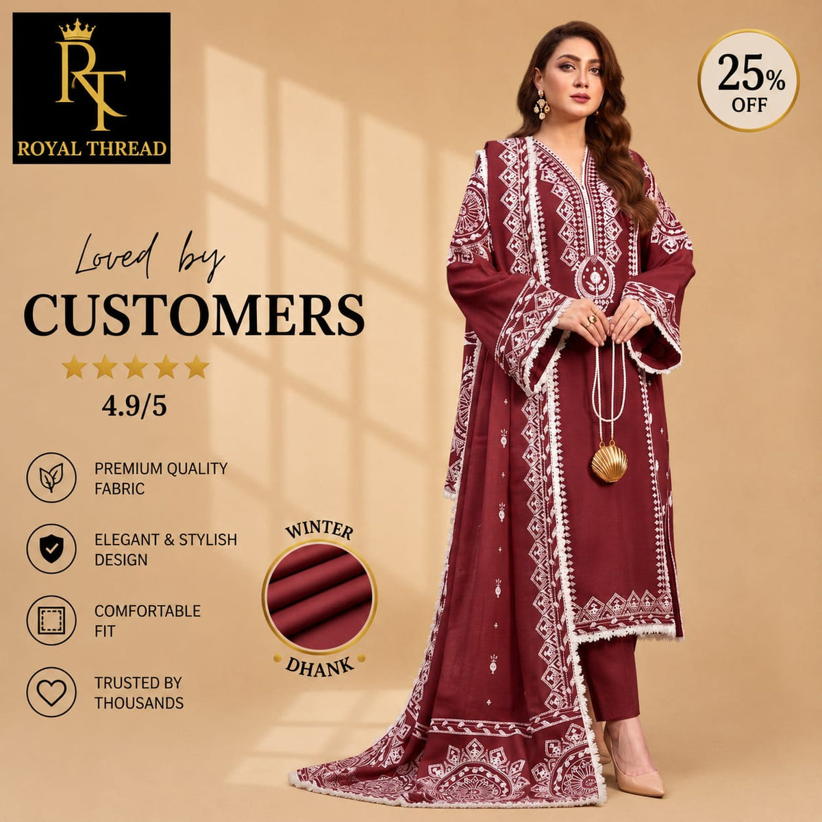 ANEELA'S DHANAK 3PC EMBROIDERED