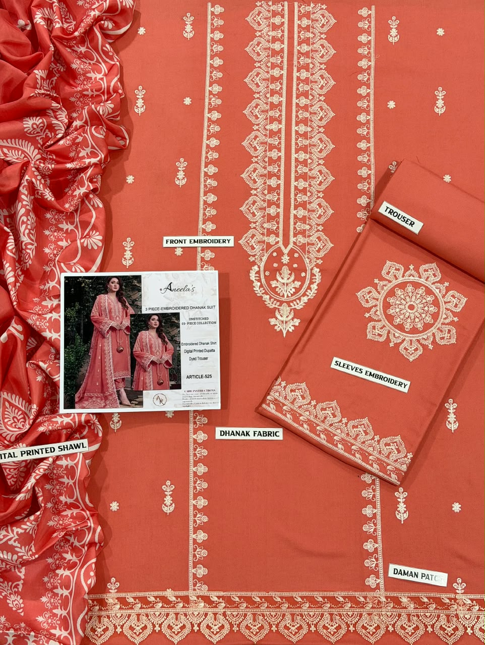 Aneela'S DHANAK 3PC EMBROIDERED