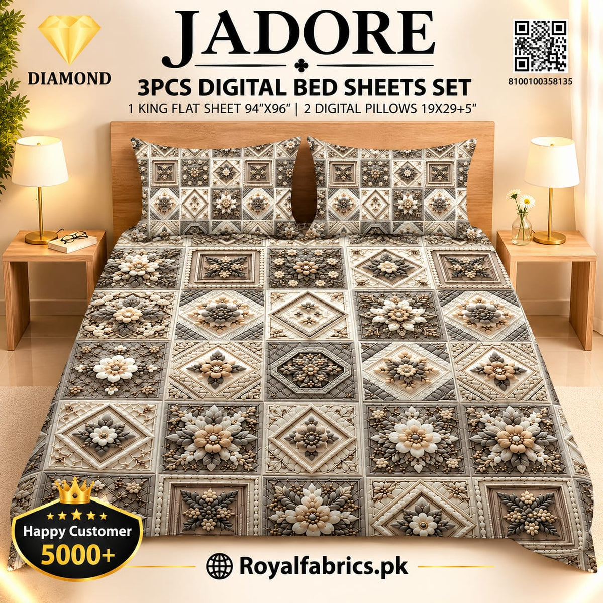 JADORE 3PCS DIGITAL 5D BED SHEET SET (Diamond)