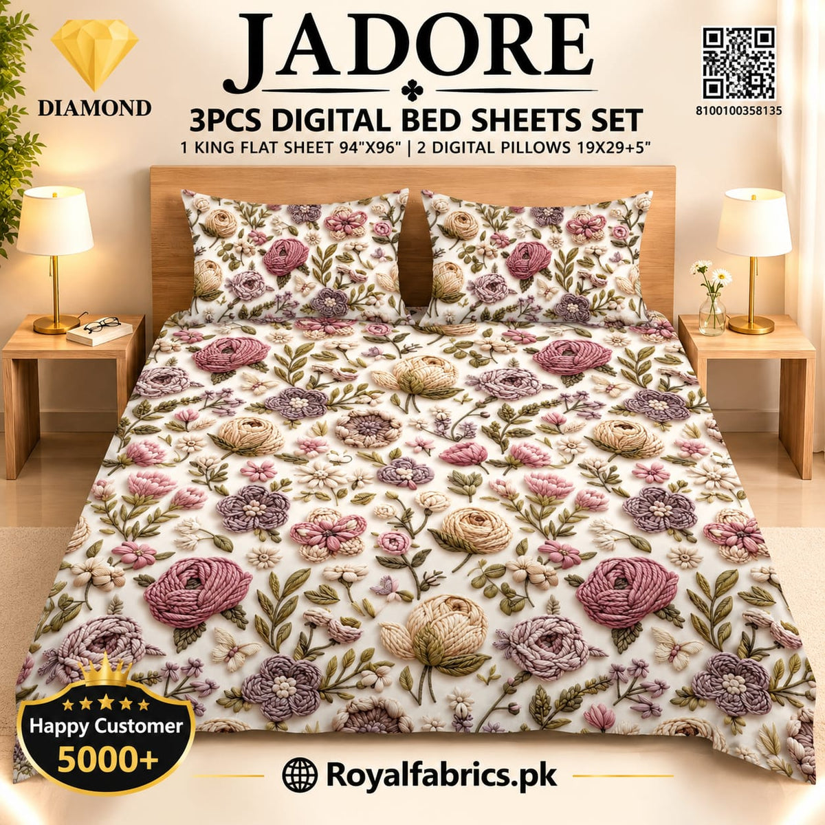JADORE 3PCS DIGITAL 5D BED SHEET SET (Diamond)