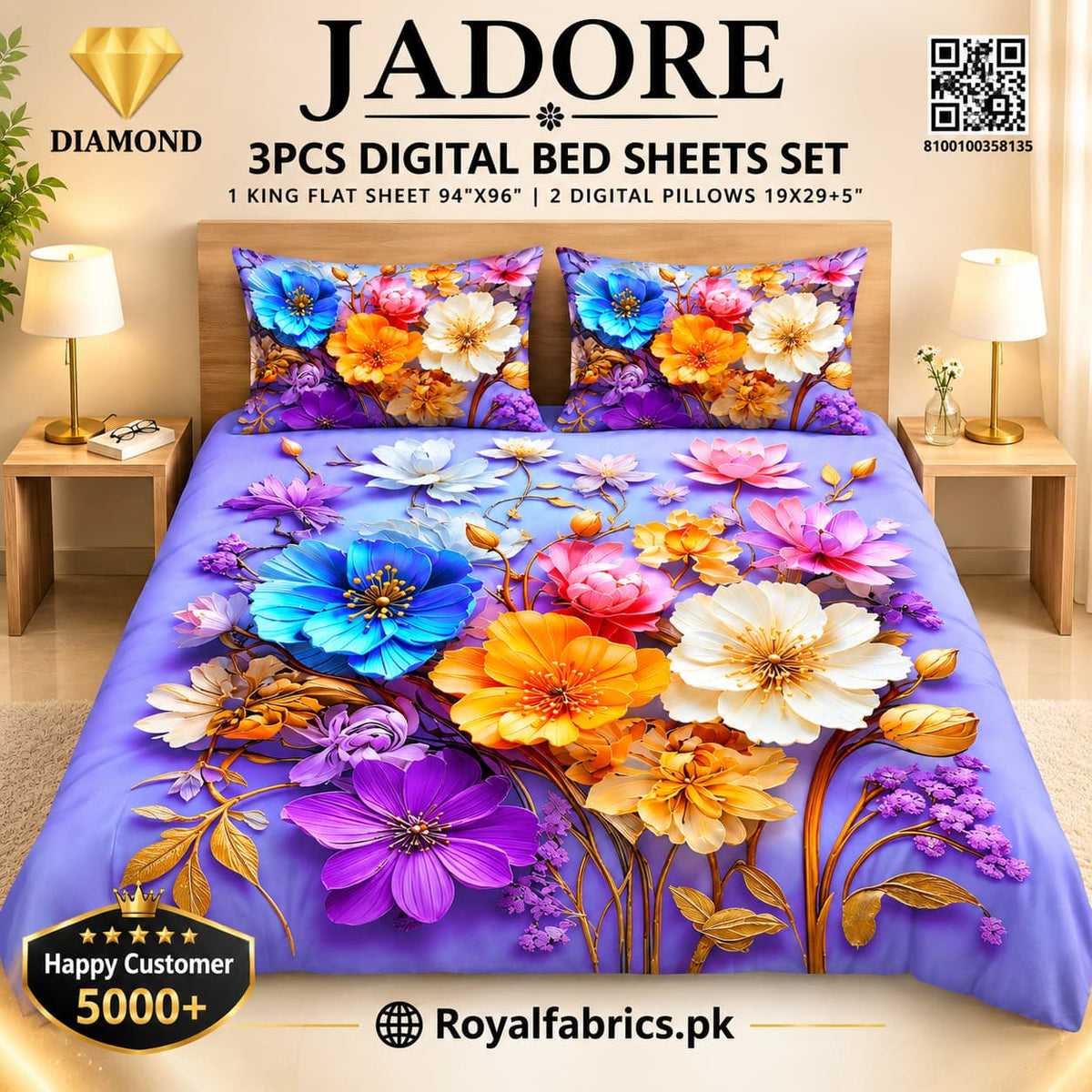 JADORE 3PCS DIGITAL 5D BED SHEET SET (Diamond)