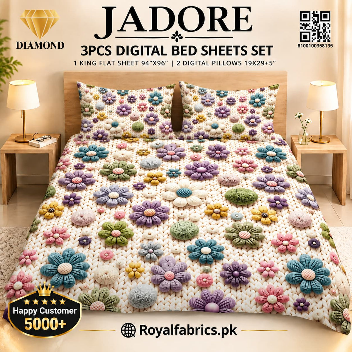 JADORE 3PCS DIGITAL 5D BED SHEET SET (Diamond)