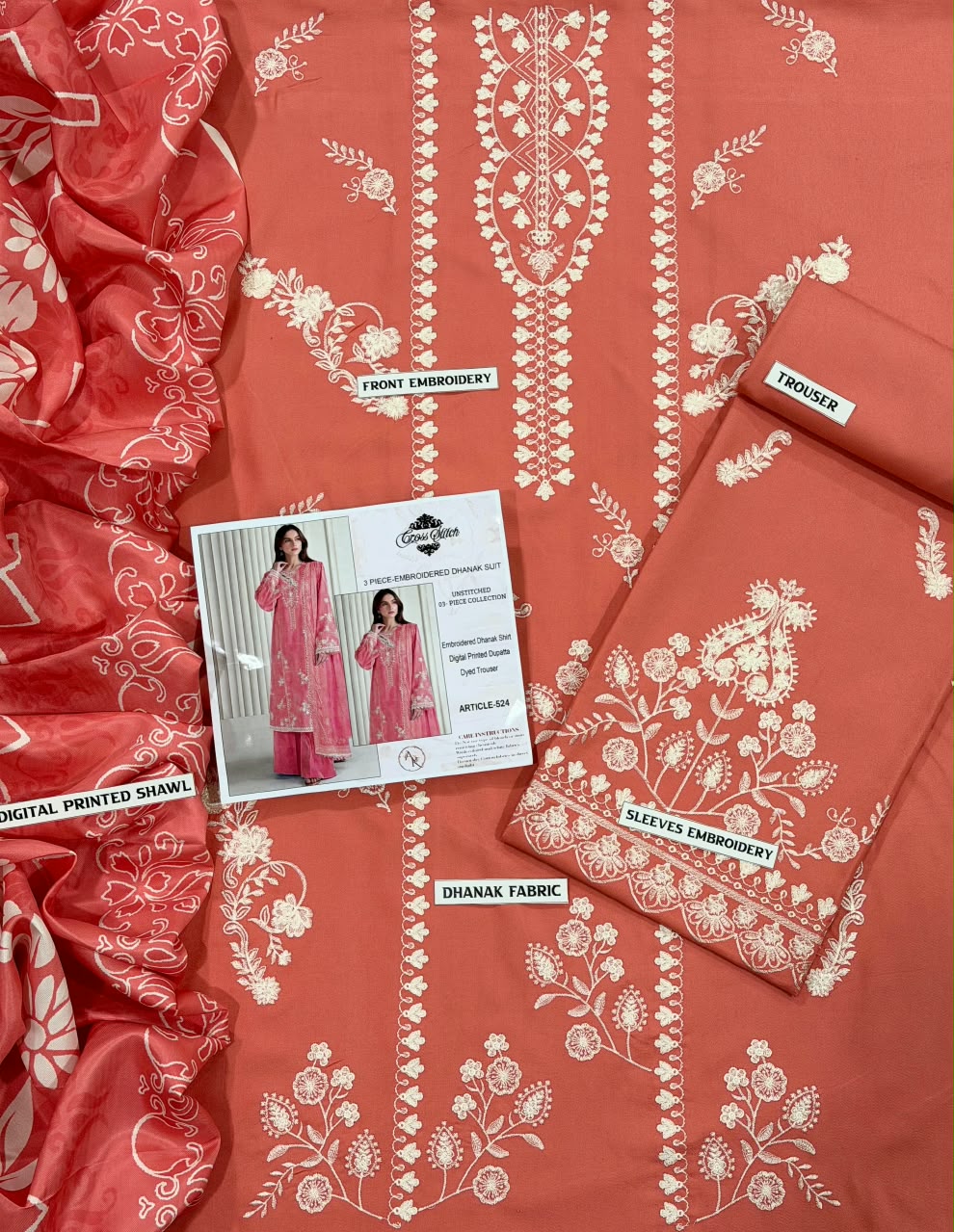 CROSS STITCH DHANAK 3PC EMBROIDERED